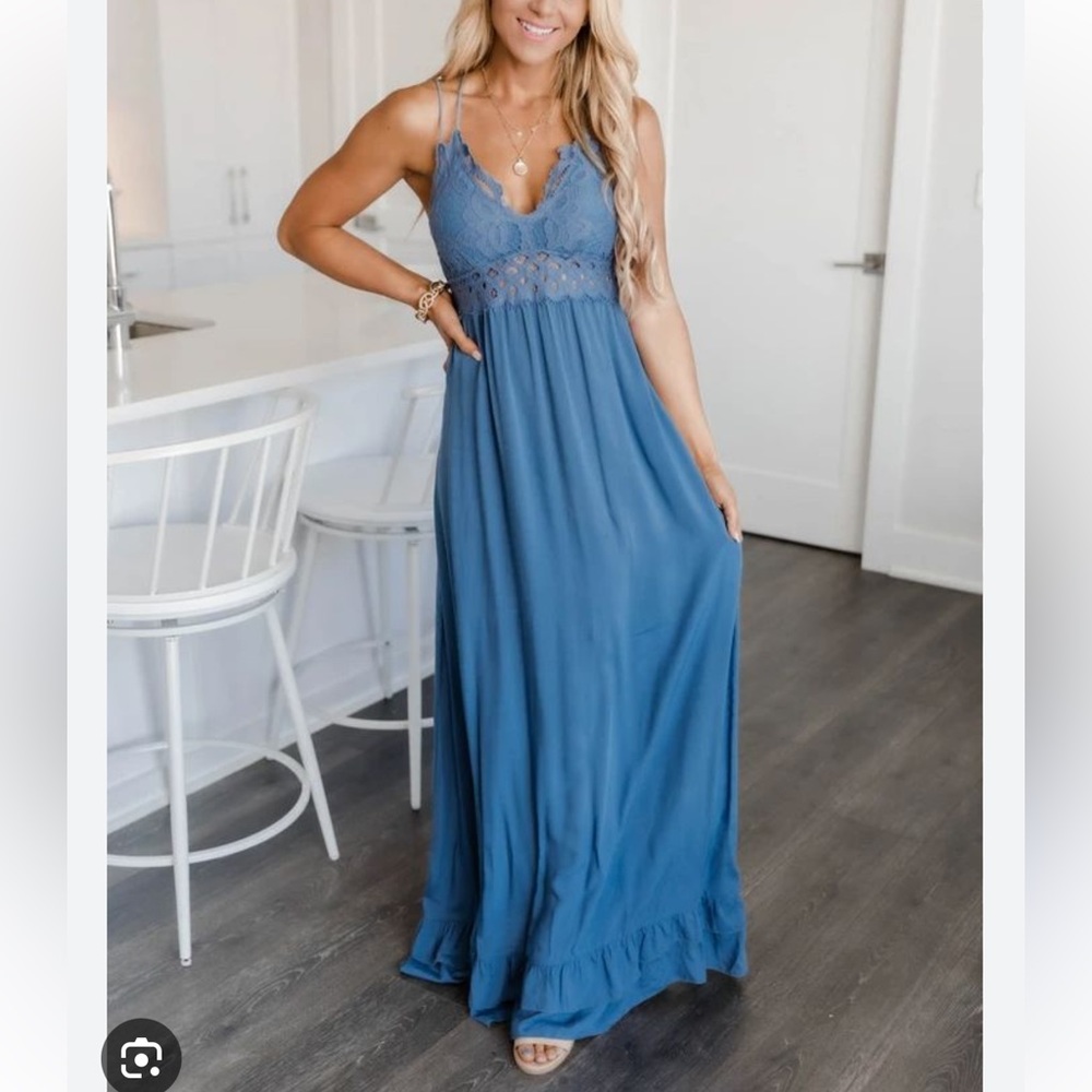 Pink Lily Blue Lace-Trim Maxi Dress